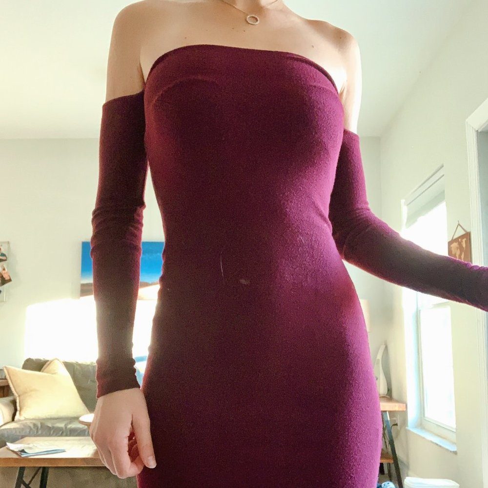 Strapless burgundy mini dress